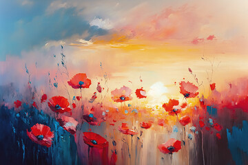 Painting with poppy meadow at sunrise in modern impressionism style, soft sunlight illuminated clouds