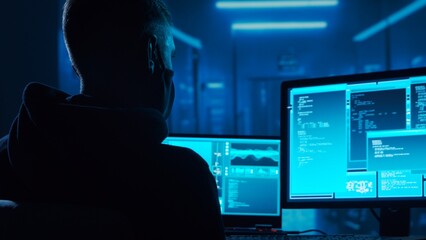 Computer Hacker in Hoodie. Obscured Dark Face. Concept of Hacker Attack, Virus Infected Software, Dark Web and Cyber Security.