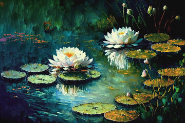 Painterly impressionism style painting with water lilies - 557711092