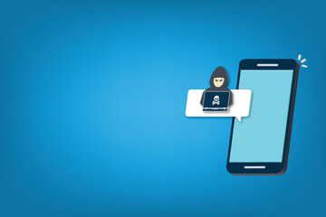 Hacker, malware notification on mobile phone. Smartphone with hacker alert, spam data on cellphone fraud error message, scam, virus. 3D vector illustration.