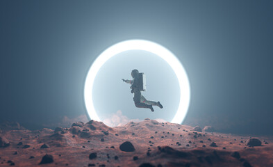 Astronaut on alien planet entering spacetime portal light © Photocreo Bednarek