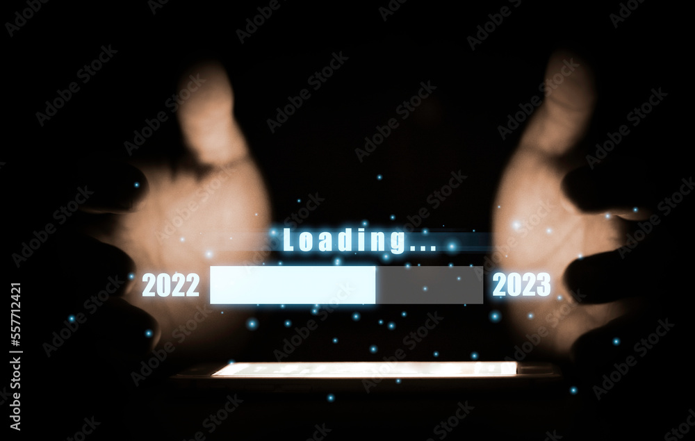 Poster hand holding virtual loading bar for count down from 2022 to 2023 year of preparation merry christma