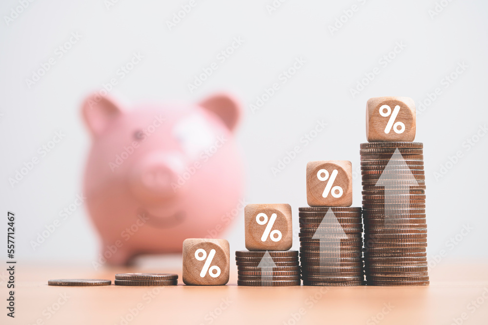Poster increasing coin stacking with up arrow and percentage sign for increase financial interest rate and 