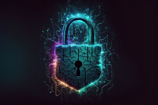 cyber security, cyber security concept, neon padlock, generative ai composite