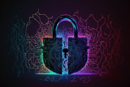 cyber security concept, cyber breech, broken padlock, generative ai composite