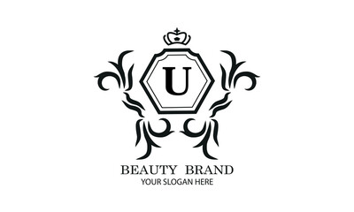 Elegant logo or monogram design template with initial U. Luxury linear logo design. Letter symbol frame for cosmetics, organic, royal, jewelry brand, company brand.