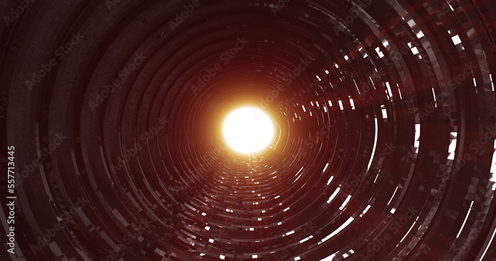 Poster a rotating dark metal tunnel with walls of ribs and lines in the form of a circle with reflections o
