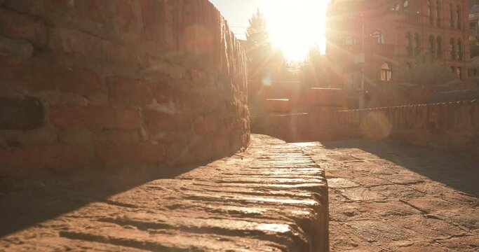 Tbilisi, Georgia. Scenic View Of Abanotubani - Bath District. Bright Morning Sunbeams. Detail View On Ancient District Of Tbilisi. Morning Sunshine View On Sulfuric Baths.