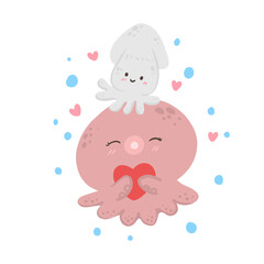 octopus or squid and heart in love, valentine's day illustration