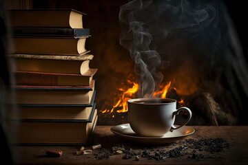 steamy hot drink near a burning fireplace and books, generative ai composite