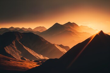 Fototapeta na wymiar The sun is setting over a mountain range. Art. Landscape. Generative AI.