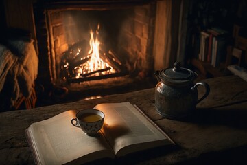 Cup of tea on a book next to a burning fireplace, generative ai composite 