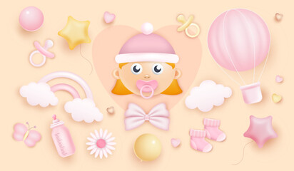 Baby shower. 3D kids birthday background. Girl announcement banner with flower and rainbow. Newborn toddler face. Pink balloons or stars. Children holiday. Vector design greeting card