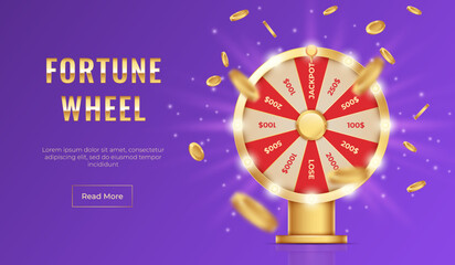 Fortune wheel realistic, lucky lottery prize. Landing page design. Casino game jackpot web banner, luck for money bet, win number, motion round target. 3d elements. Vector graphic background