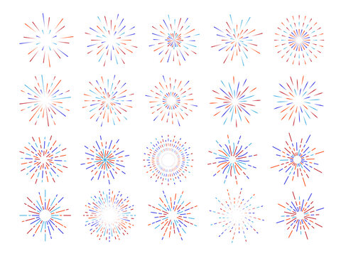 Firework Icons. Patriotic Usa Fireworks, Happy Stars. Us Colors, American 4th July Burst And Rays, Blue Party Stars, Celebration Collection. Frames Set. Vector Illustration Background