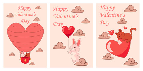 Fototapeta na wymiar Animals with red hearts. Valentines Day. Kittens flying in hot air balloon. Romantic holiday. Kitty and bunny love. Cat and rabbit characters in sky clouds. Vector greeting cards design set