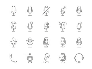 Microphone icon. Radio and web podcast icons. Old broadcast line sign, audio music studio symbols, vocal karaoke and voice. Volume device, vector black pictogram isolated set
