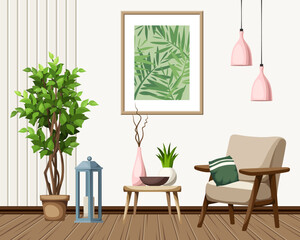 Living room interior with a sofa, a painting, wooden slats, pink pendant light, and a big ficus tree. Modern interior design. Cartoon vector illustration