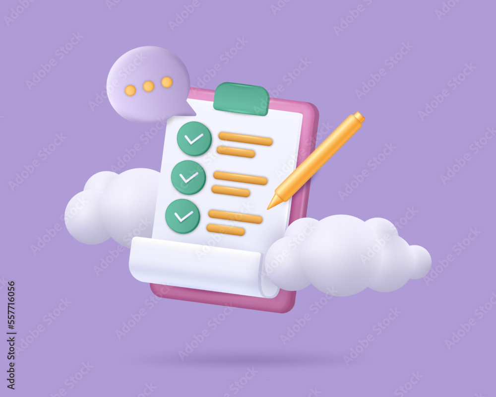 Poster 3D document. Write with pencil. Survey checkmarks. Questionnaire page. Paper checklist. Poll form render. Marks on check list. Clipboard sheets and clouds. Vector illustration concept