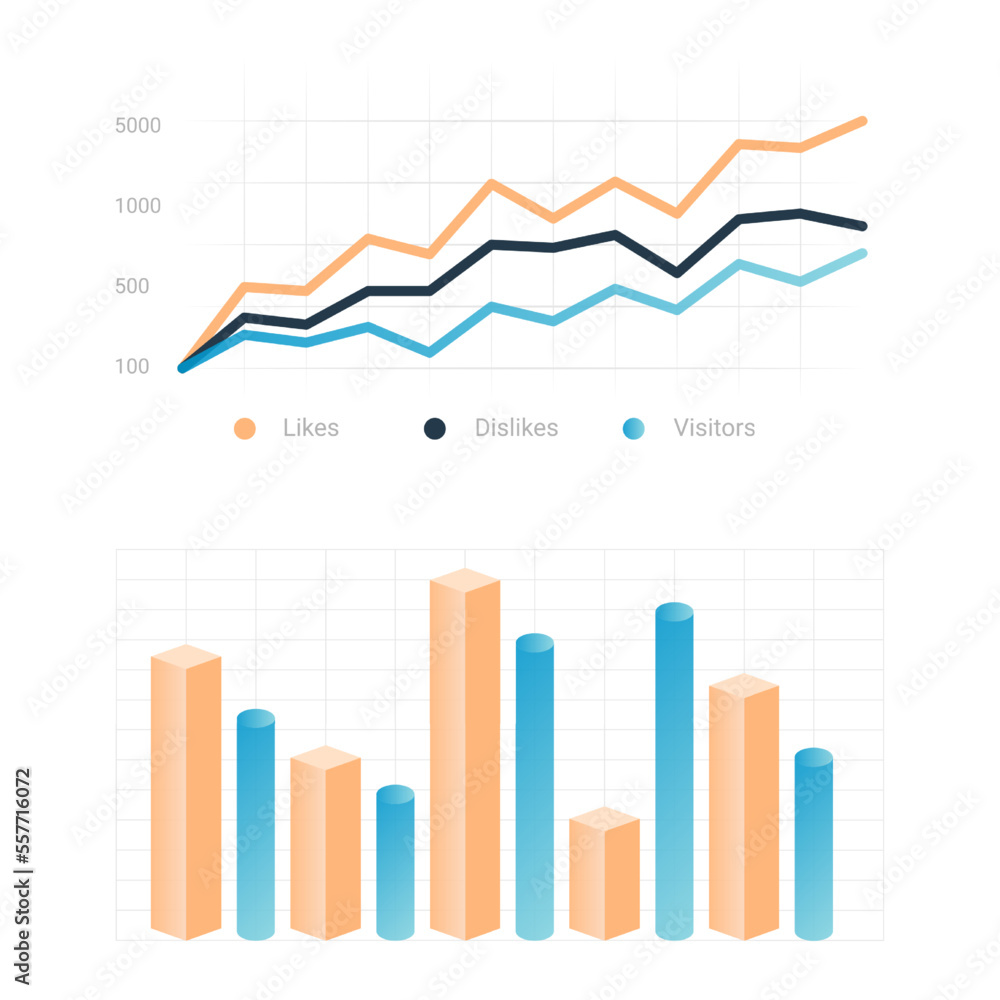 Poster Graphic charts. Infographic statistic bars and diagrams for data presentation. Comparison histogram elements. Types set of colorful analytic graphs. Vector information visualization