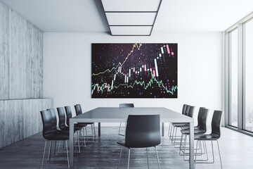 Abstract creative financial chart on presentation tv screen in a modern meeting room, research and analytics concept. 3D Rendering