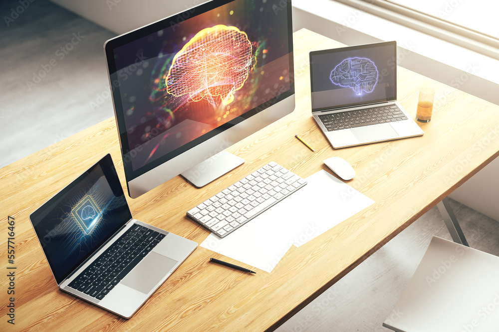 Aufkleber Creative artificial Intelligence concept with human brain sketch on modern laptop monitor. 3D Rendering