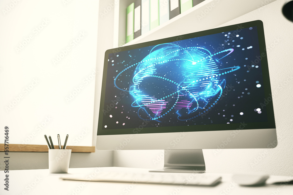 Poster computer monitor with abstract graphic digital world map with connections, globalization concept. 3d