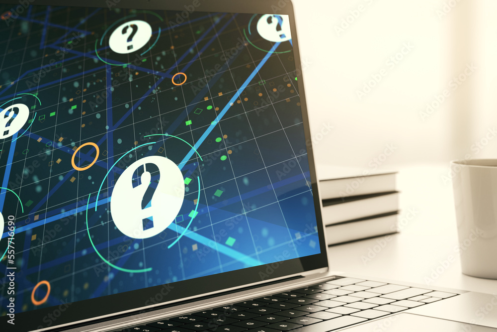 Aufkleber modern computer monitor with question mark hologram. sociology and psychology concept. 3d rendering