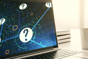 Modern computer monitor with question mark hologram. Sociology and psychology concept. 3D Rendering