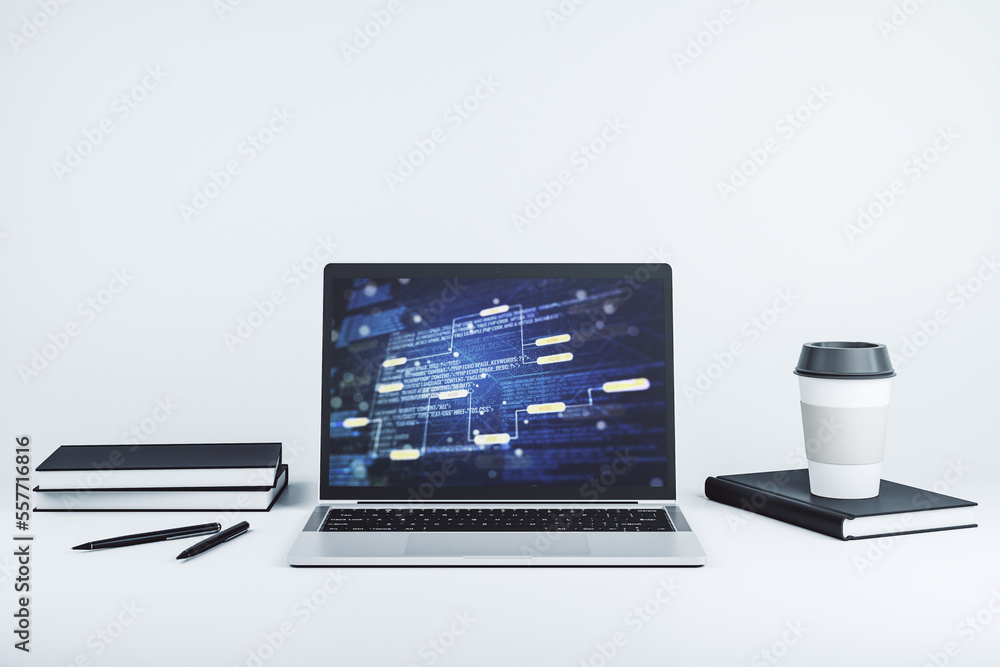 Fototapete modern computer monitor with abstract programming language, research and development concept. 3d ren