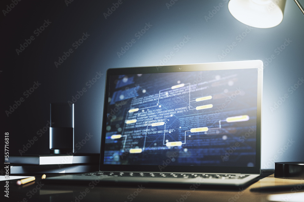 Poster computer monitor with abstract creative programming illustration, big data and blockchain concept. 3
