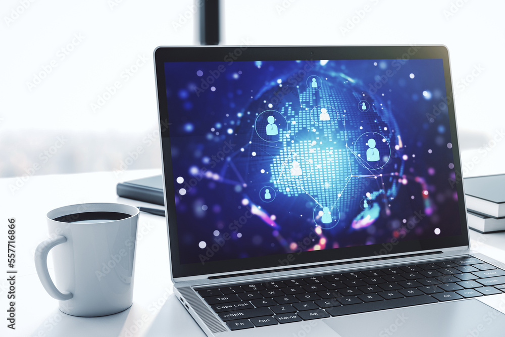 Poster social network concept with world map on modern laptop screen. 3d rendering