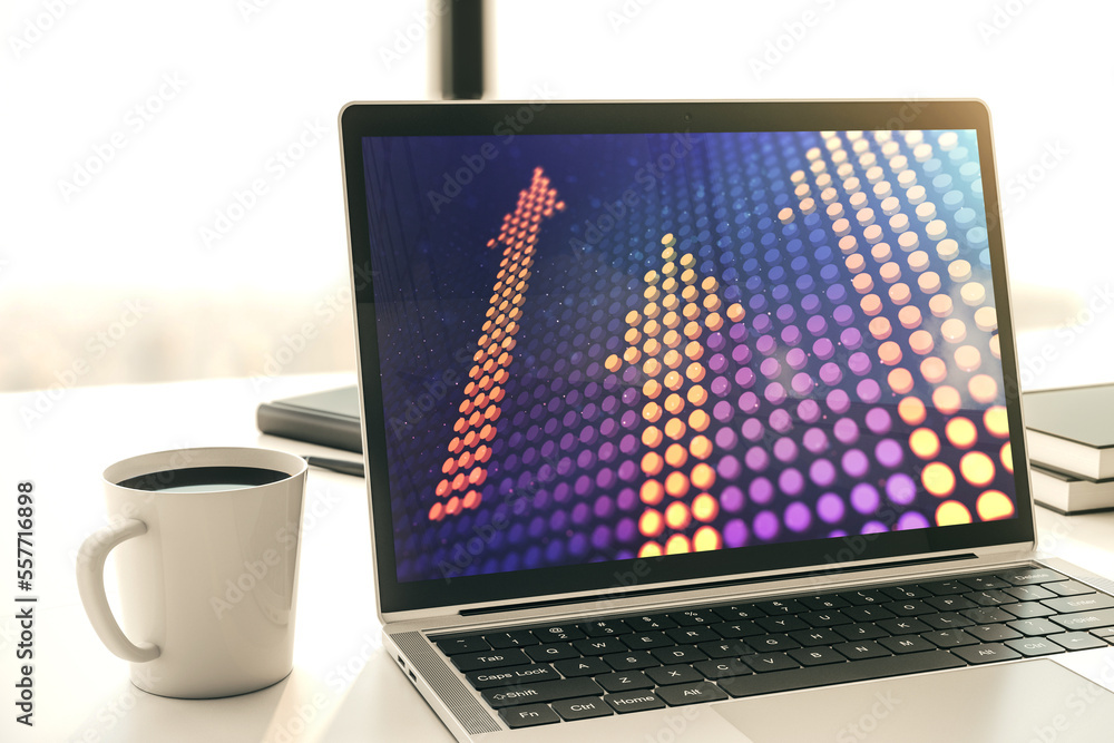 Poster creative abstract upward arrows sketch on modern laptop monitor, target and goal concept. 3d renderi