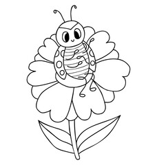 Cute ladybug. Funny small insect on flower. Vector illustration. Outline hand drawing. doodle ladybird character for childrens collection, coloring, design, decor.