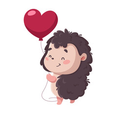 Cute little hedgehog holding a red heart shaped balloon.