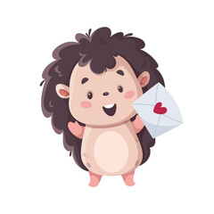 A cute little hedgehog is holding a letter with a heart on it.