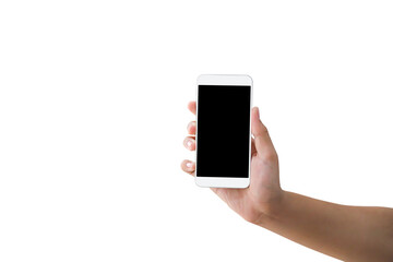 Fototapeta na wymiar Hand holding blank screen phone or smartphone or tablet isolated on white background