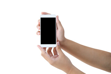 Hand holding blank screen phone or smartphone or tablet isolated PNG file.