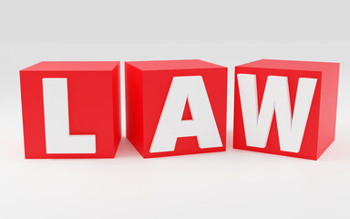 3d render sign law on red cubes and light background. Simple minimalism concept.