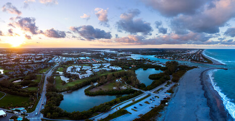 Aerial wide panoramic view of Jupiter, Florida coastline. December 2022 © Creative Studio 79