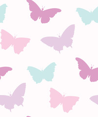 Fototapeta na wymiar Vector butterfly seamless repeat pattern design background. Random colorful butterfly silhouette, cute girly pastel pattern.
