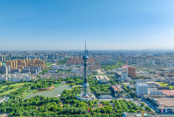 Aerial shot of Shijiazhuang TV Tower, Century Park and Golf Club, Shijiazhuang City, Hebei Province, China
