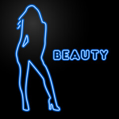 beauty girl neon sign, modern glowing banner design, colorful modern design trends on black background. Vector illustration.