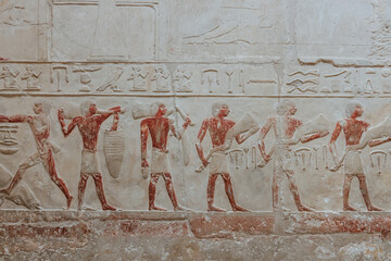 Ancient Egyptian fresco in a tomb at the Saqqara Necropolis.