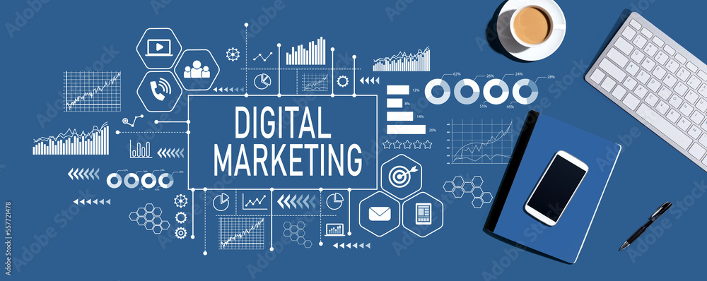 Aufkleber digital marketing with a computer keyboard and office items