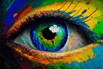 Psychedelic colorful human eye rainbow eyelashes macro close-up Fictional person, Generative AI