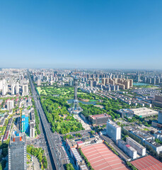 Aerial shot of Shijiazhuang TV Tower, Century Park and Golf Club, Shijiazhuang City, Hebei Province, China