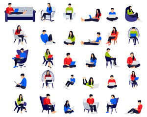 Freelancer character big set male and female sitting on sofa armchair doing work on laptop with different pose and position isolated on white background