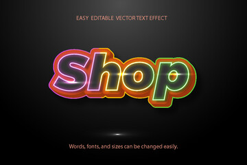 Shop 3D text effect. Editable text style effect with glow light theme.