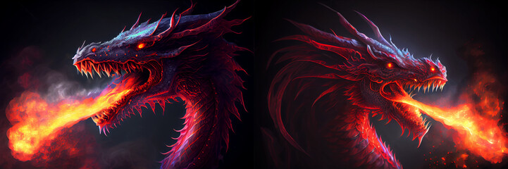 Couple Red Dragon Breathing Fire. Mythology Dragon Creature Dark Fantasy illustration Ideas Created with Generative Ai